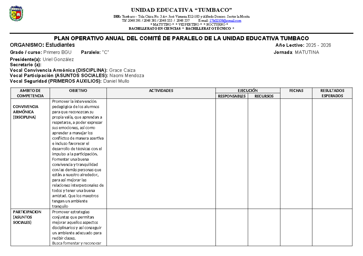 POA Estudiantes 1BGU C: Plan Operativo Anual 2025-2026 - Studocu
