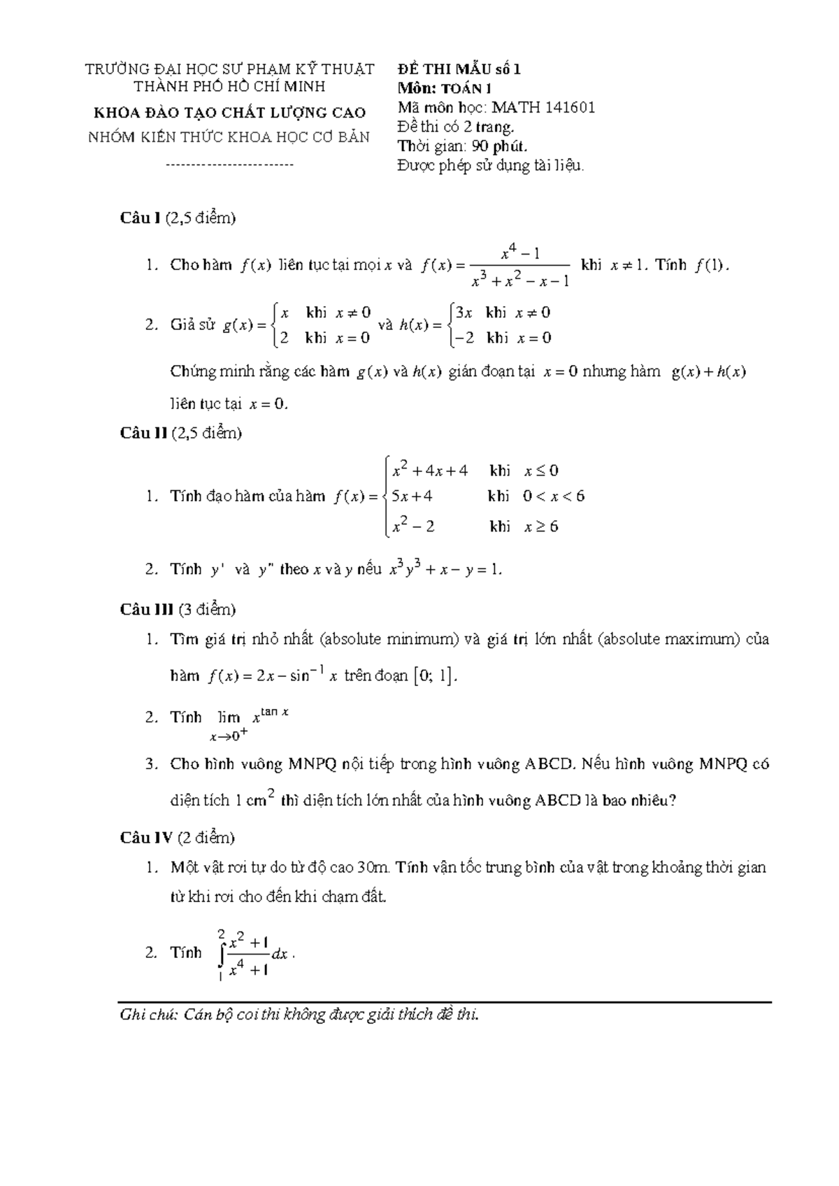 Đề thi mẫu môn Toán 1 - MATH 141601 - Studocu