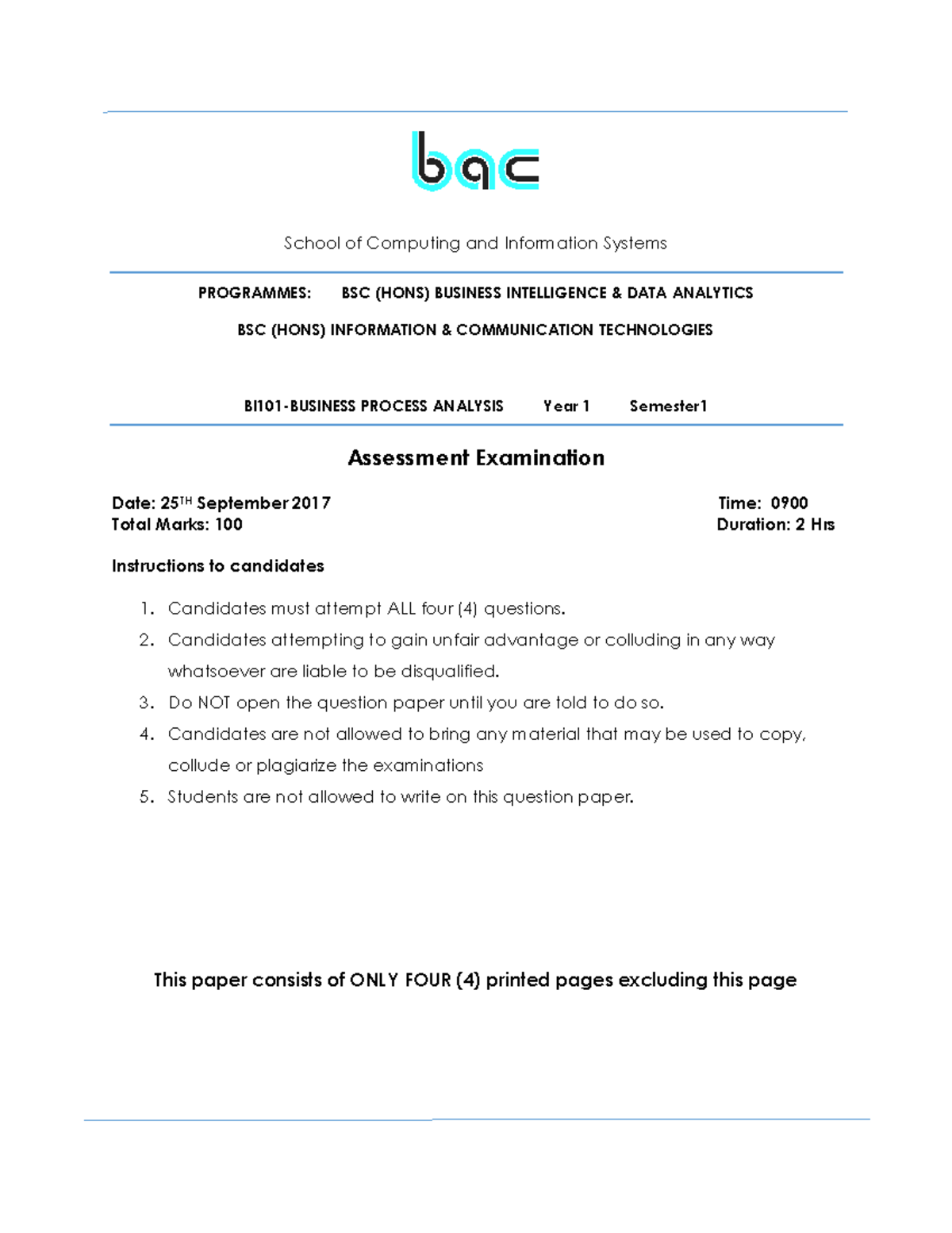 BIDA101 Business Process Analysis Final Exam Sept 2017 - Studocu