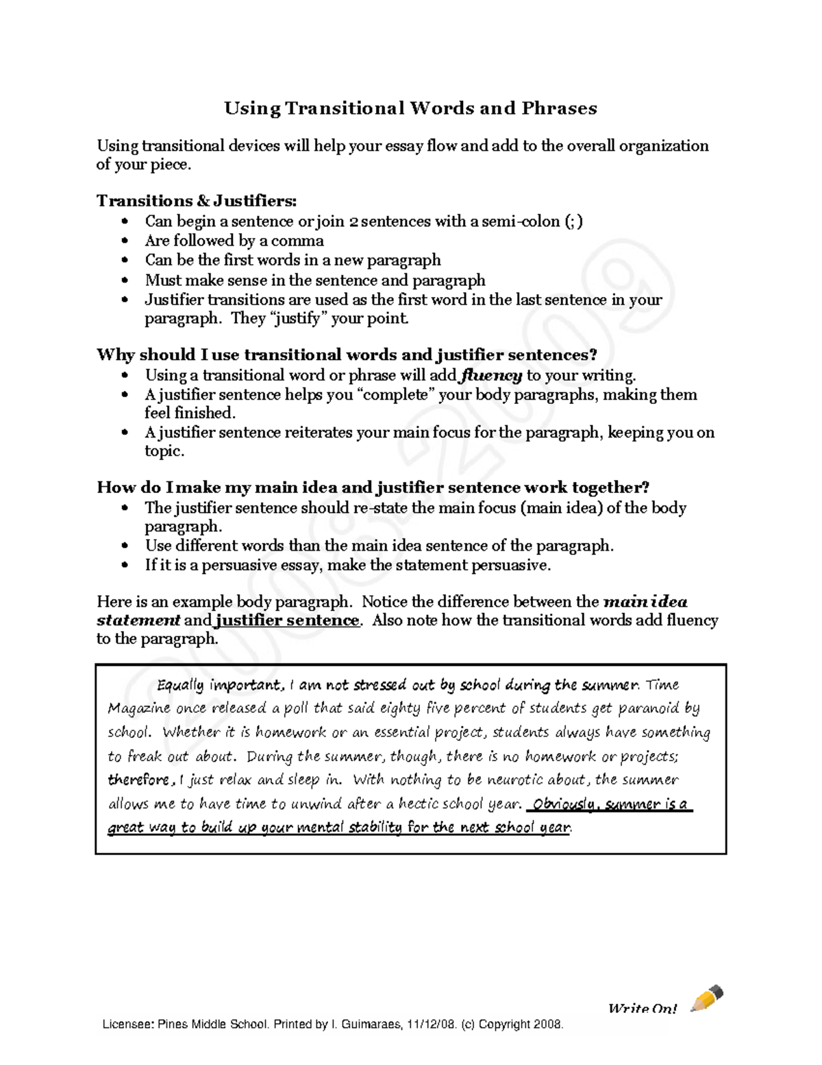 Justifiers and Transitional Words: A Guide for Effective Writing - Studocu
