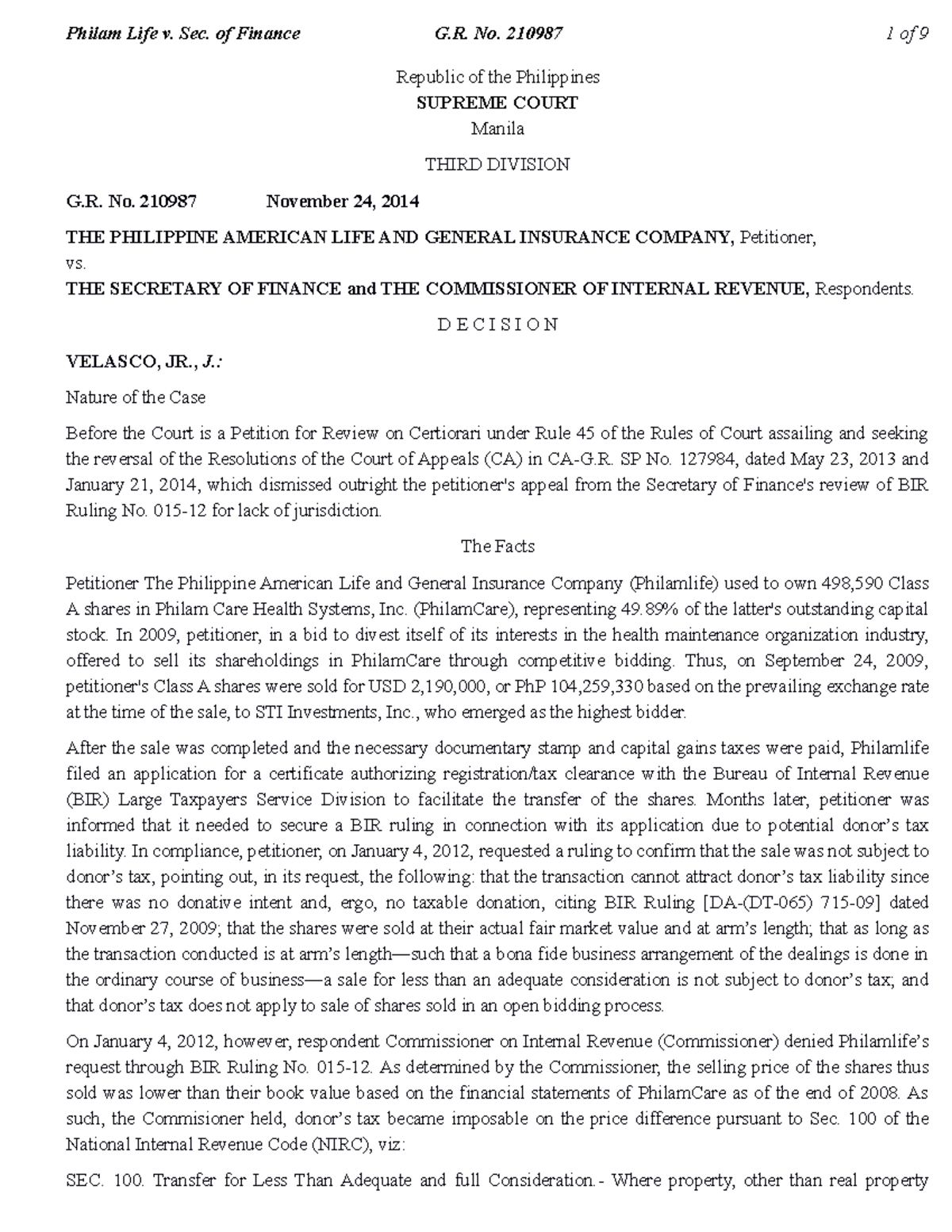 Philam Life v. Sec. of Finance: G.R. No. 210987 Case Analysis - Studocu