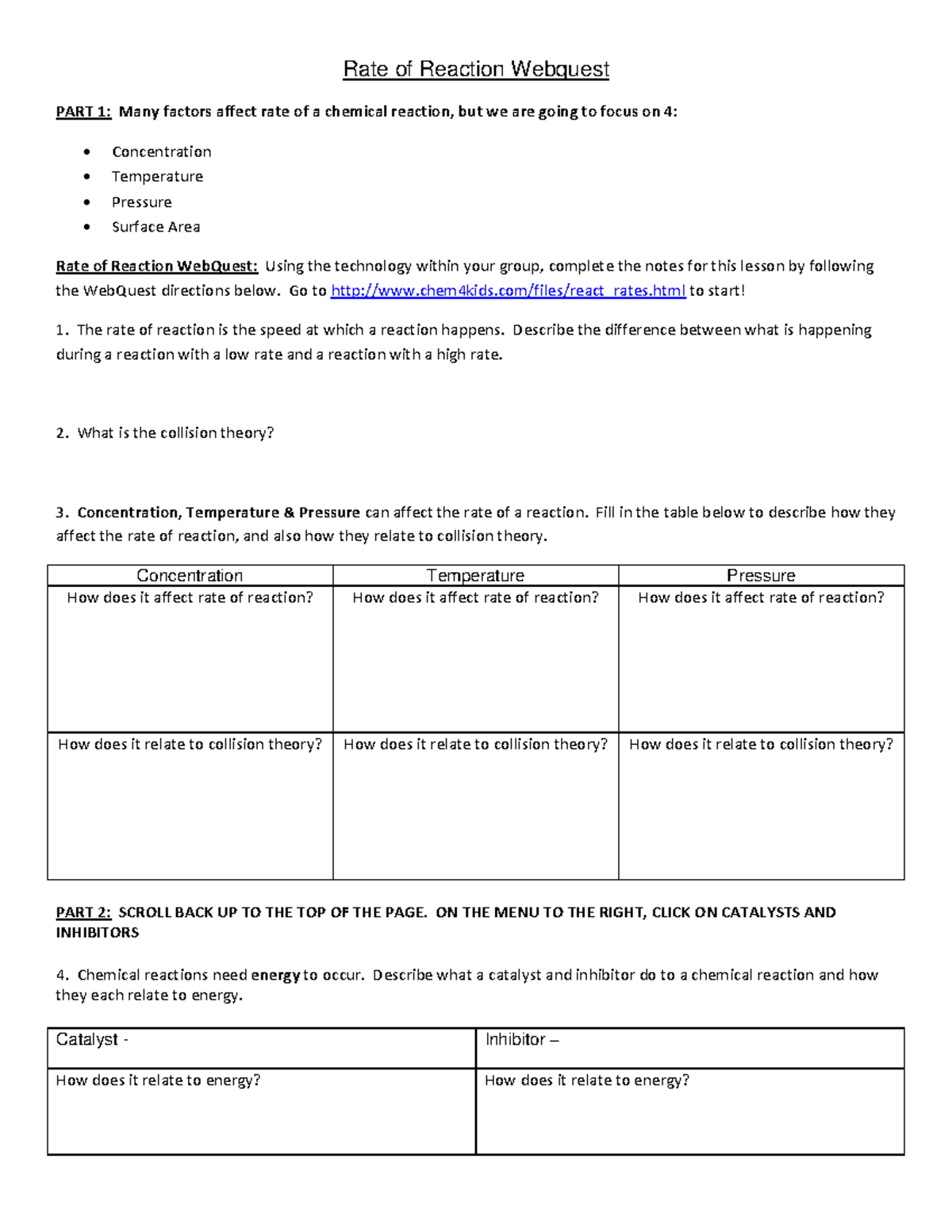 Rate of Reaction WebQuest: Factors Influencing Reaction Speed - Studocu
