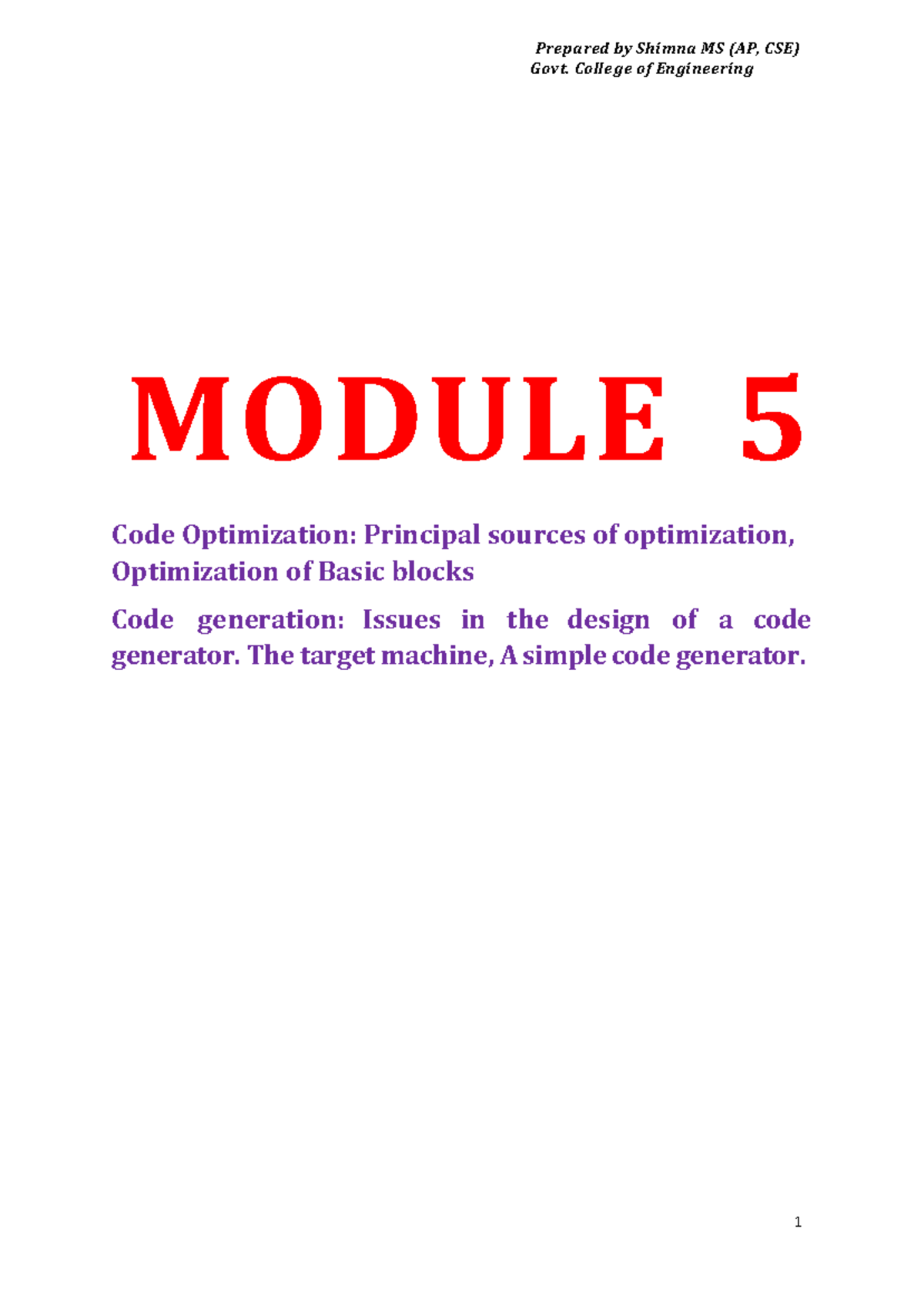 Module 5: Code Optimization & Generation Study Notes for CSE - Studocu
