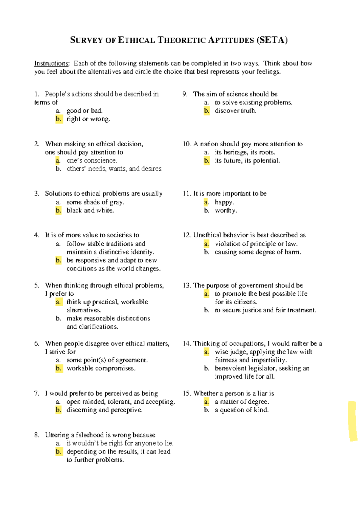 SETA - Survey of Ethical Theoretic Aptitudes Assessment Guide - Studocu