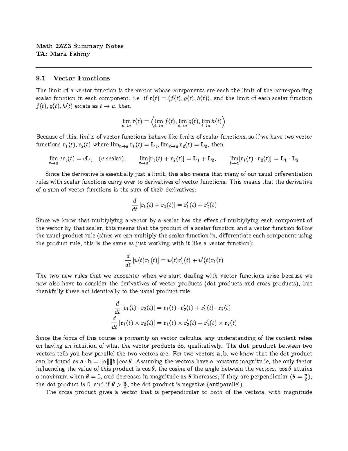 Math 2ZZ3 Final Exam Summary Notes on Vector Functions and Calculus ...
