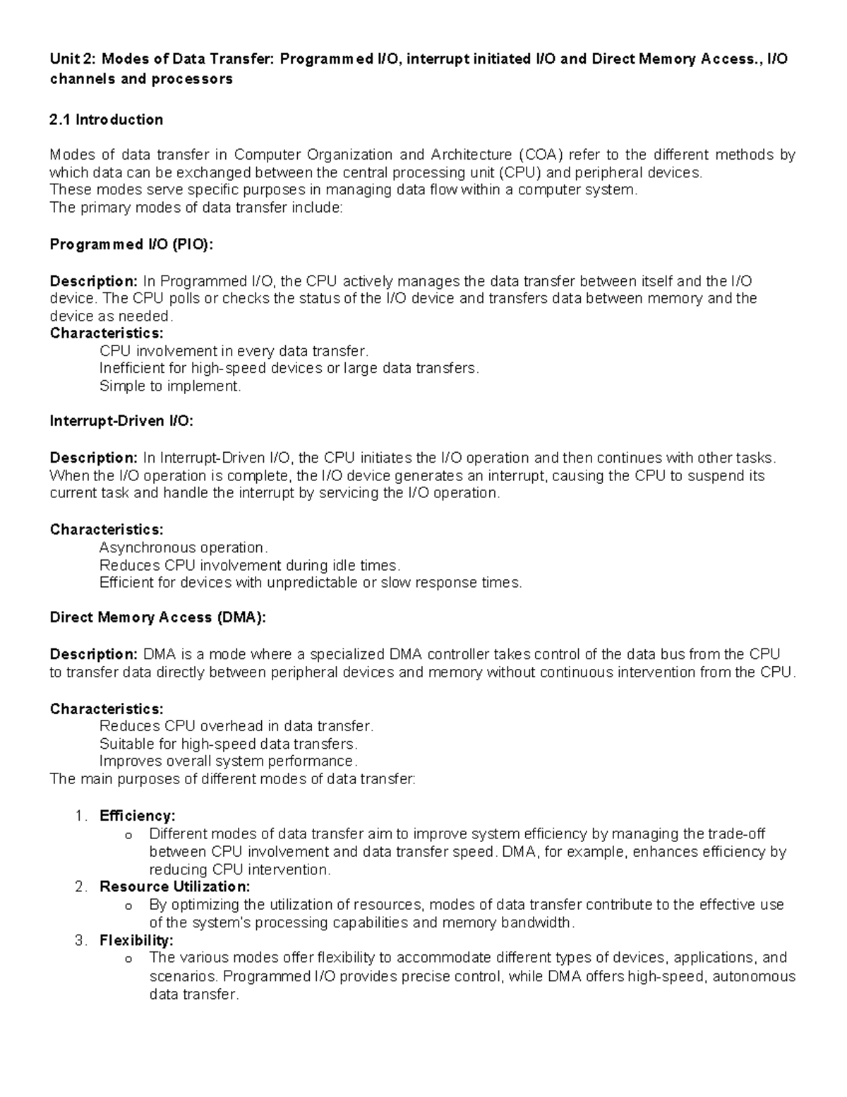 Unit 2: Data Transfer Modes in COA - PIO, DMA, and Asynchronous Methods ...