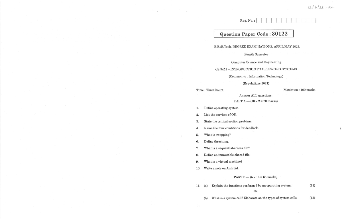 Introduction to Operating Systems - CS 3451 Final Exam Question Paper ...