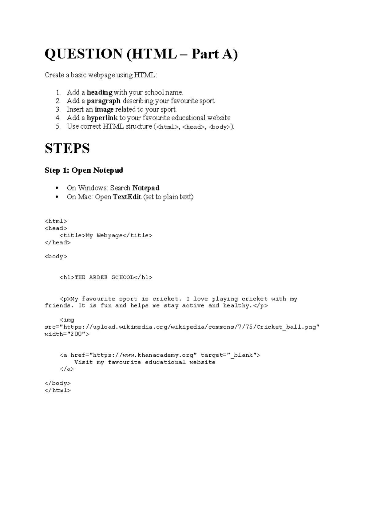 HTML Practical Assessment: Create a Basic Webpage (Year 6) - Studocu