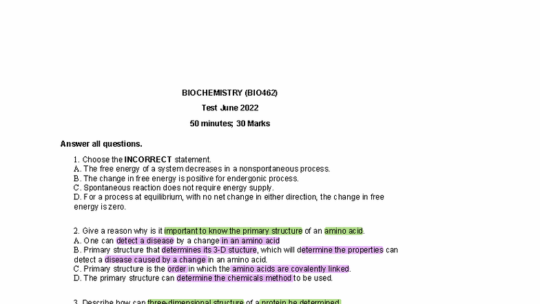 BIO462 Biochemistry Test June 2022: Questions and Answers - Studocu