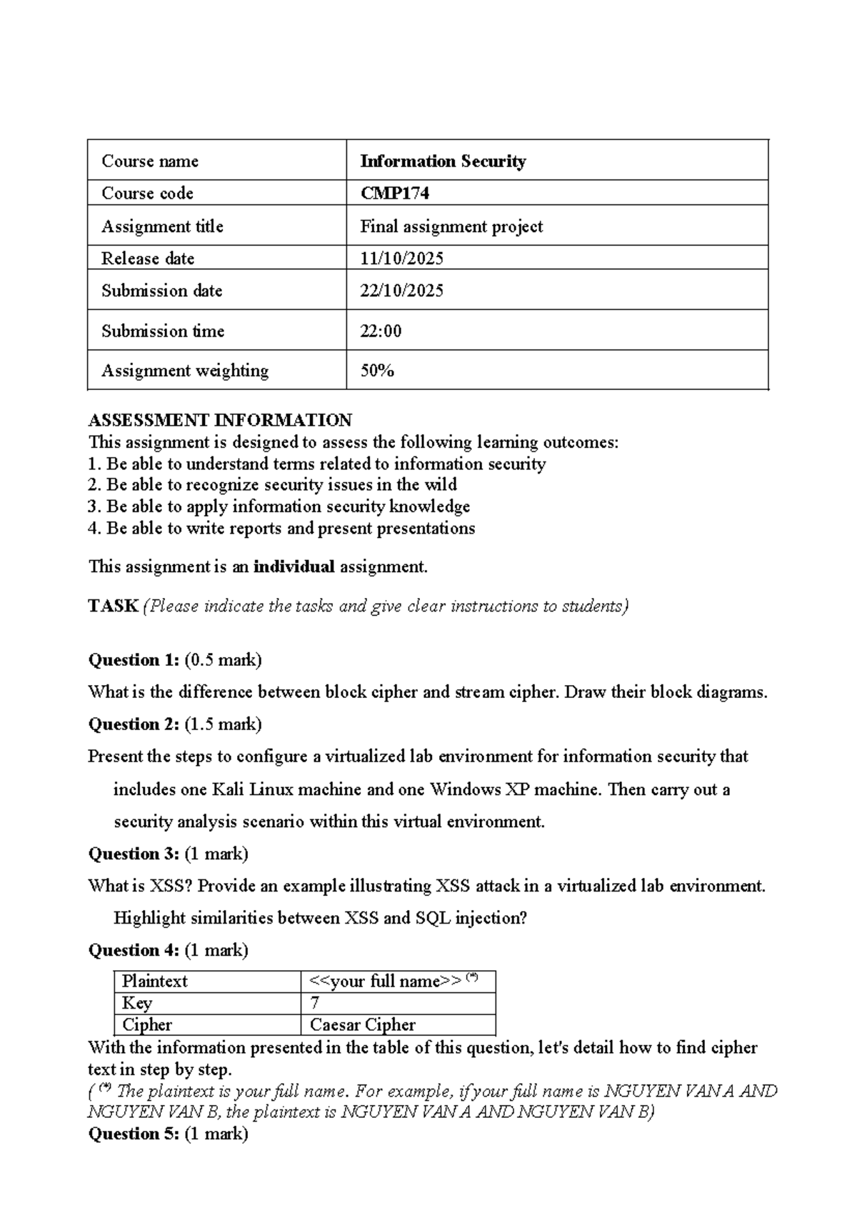 CMP174 Information Security - Final Assignment Project 2025 - Studocu