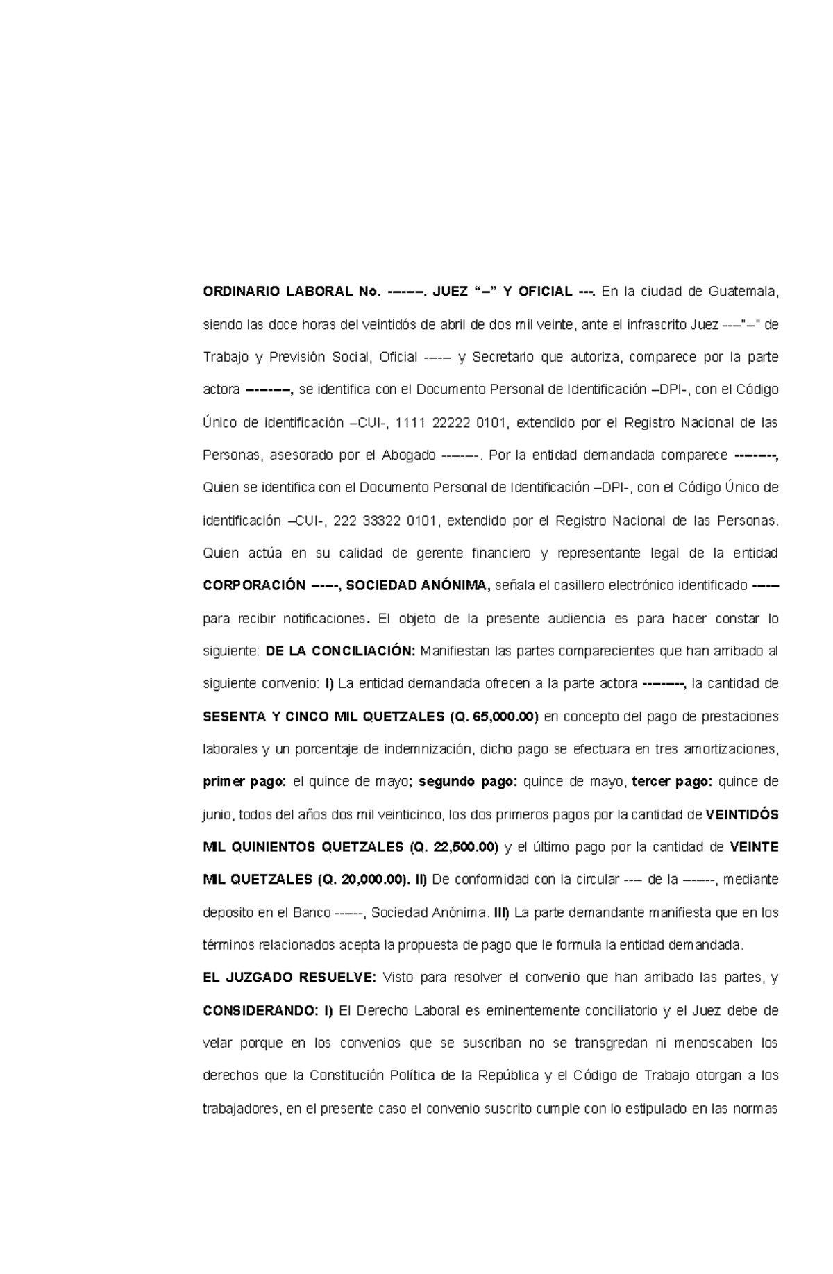 Modelo de Acta de Conciliación Laboral No. JUEZ 2020 - Document Preview