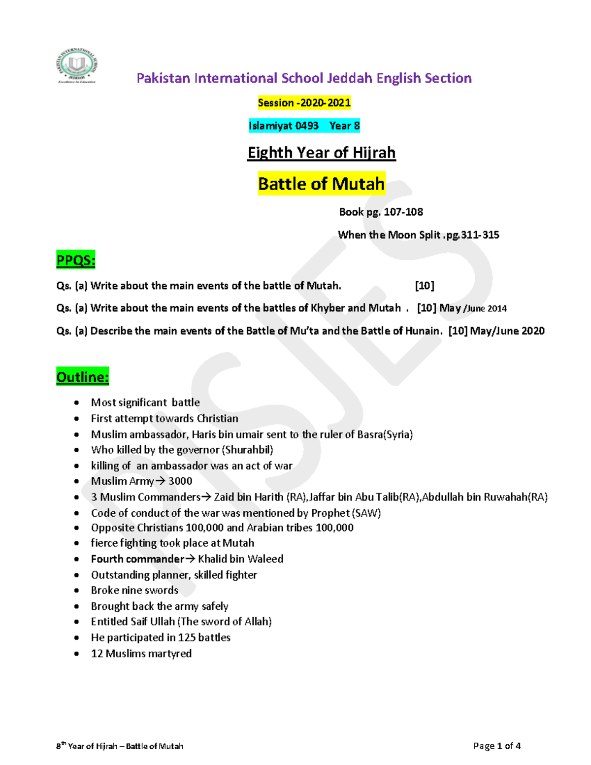 Notes on the Battle of Mutah - Islamiyat 0493 Year 8 - Studocu