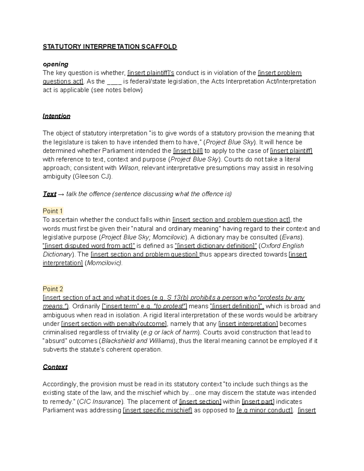 LAWS1141 Exam Prep: Statutory Interpretation Scaffold Notes - Studocu