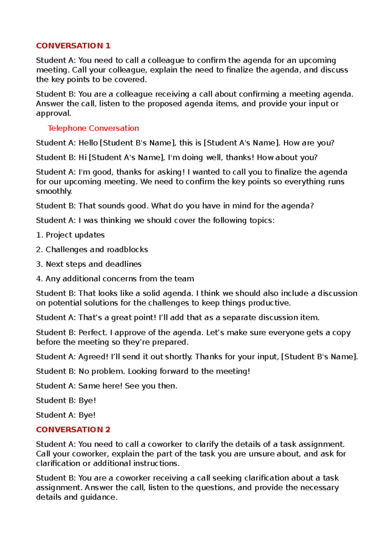 UNIT 4 - Speaking - Telephone Conversations: Practice Scenarios - Studocu