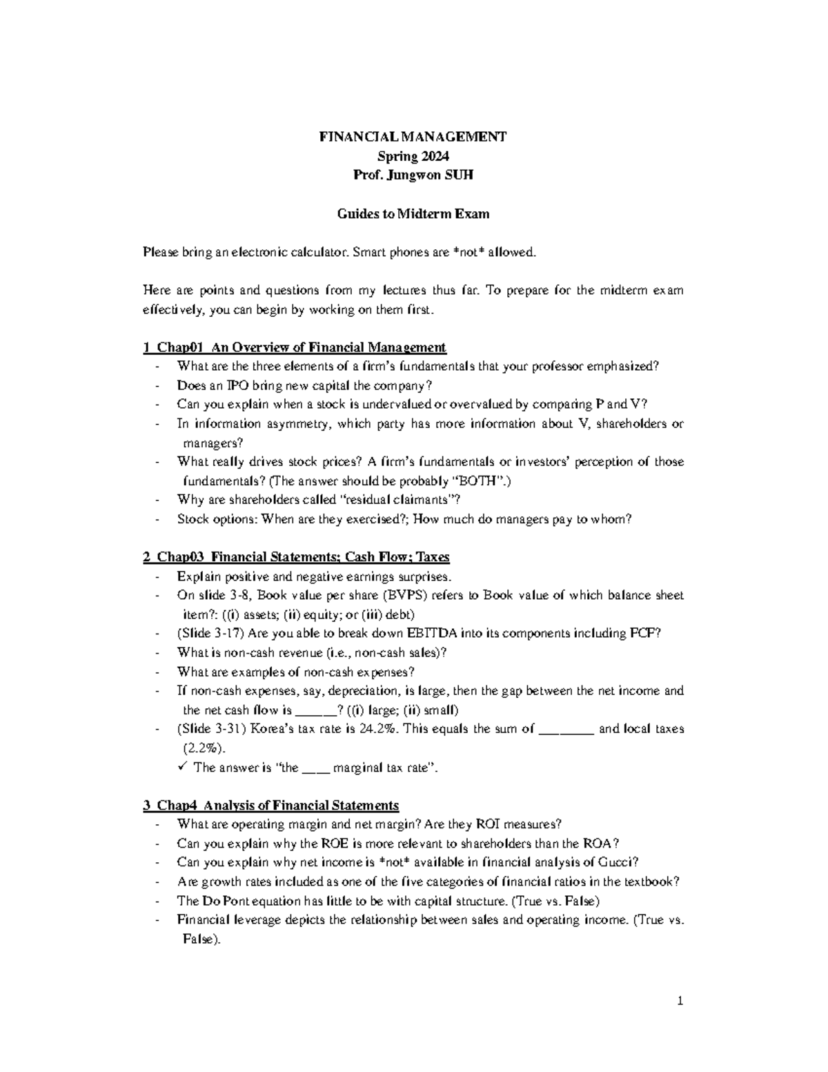 FM Midterm Exam Guide 2024 Spring (15APR2024) by Prof. Jungwon Suh ...