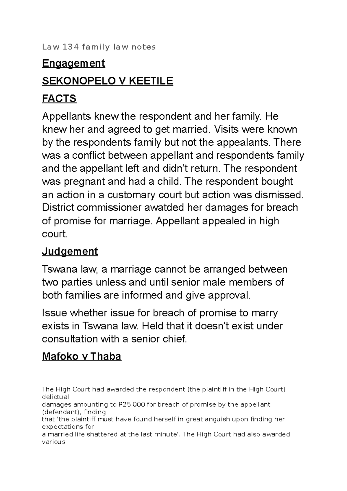 law 134 summaries draft 2 - Law 134 family law notes Engagement ...