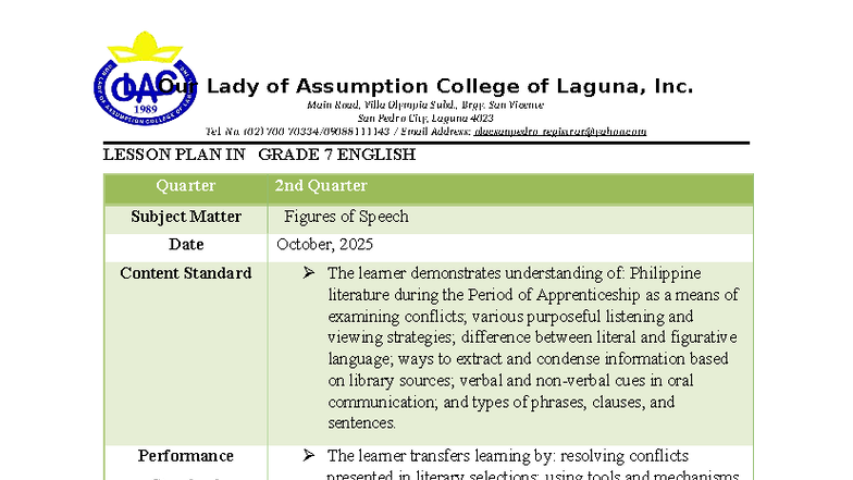 OG Detailed Lesson Plan: Figures of Speech for Grade 7 English - Studocu