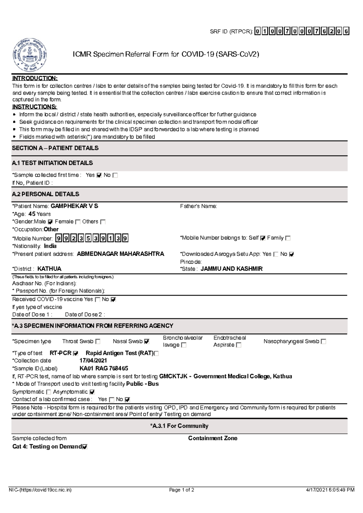 ICMR Specimen Referral Form for RTPCR Testing (SRF ID: 0100700076206 ...