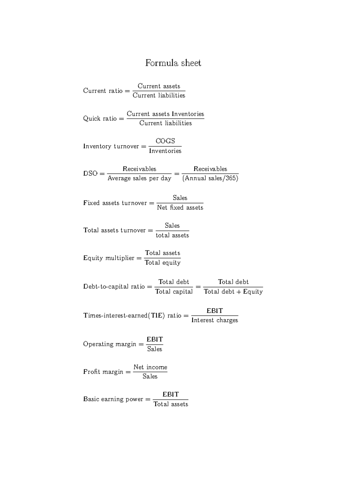 FS - Midterm Formula Sheet for Financial Ratios and Metrics - Studocu