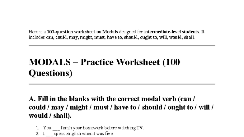 Modals Practice Worksheet 100 Questions For Students Studocu
