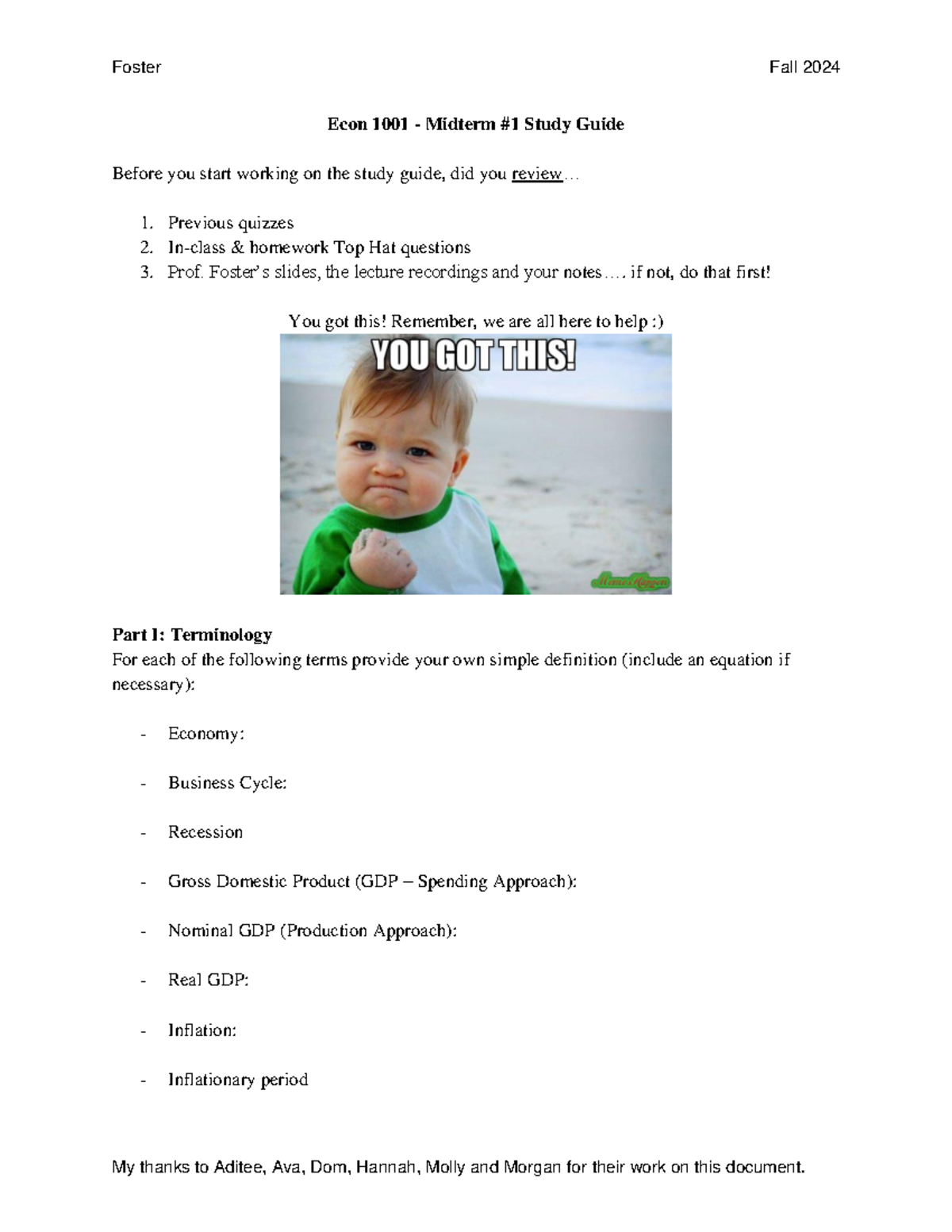 Midterm #1 Study Guide - Econ 1001 - Fall 2024 - Foster Fall 2024 My ...