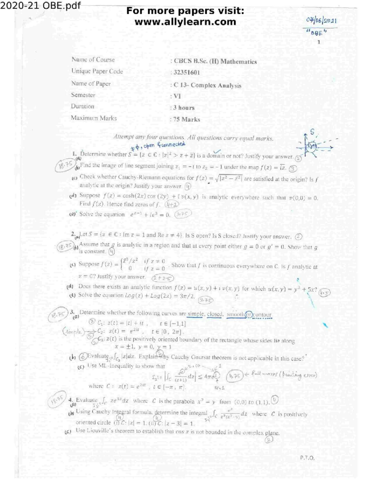 CBCS B.Sc. (H) Mathematics - Complex Analysis PYQ 2021 Exam Paper - Studocu