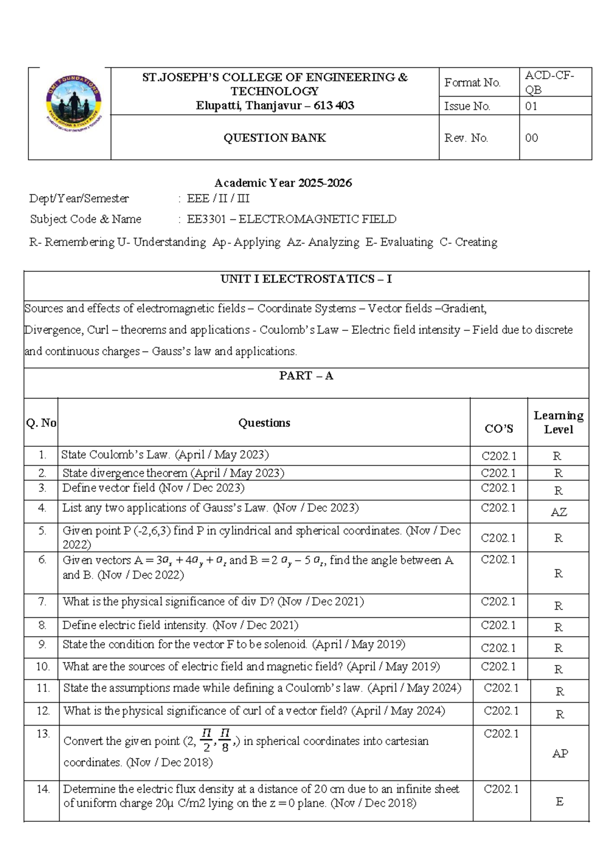 EE3301 Electromagnetic Field Question Bank - Academic Year II - Studocu