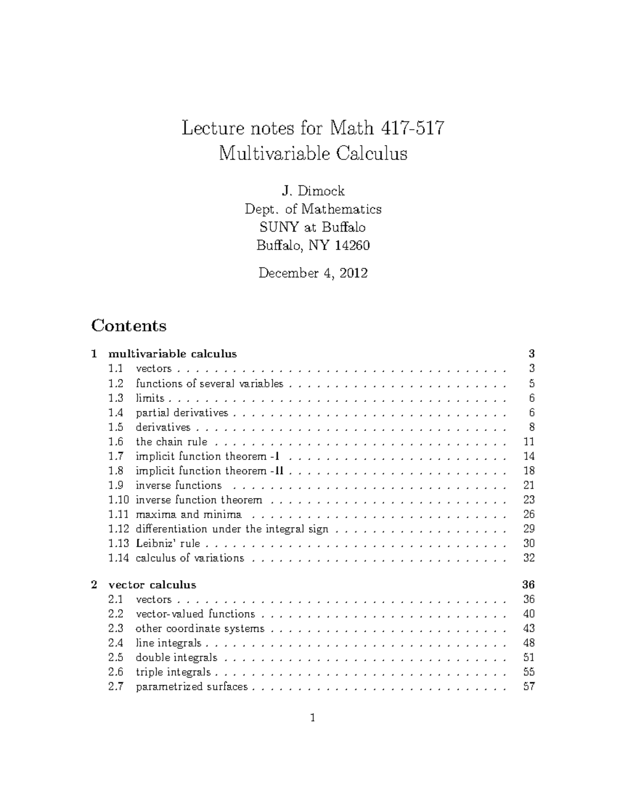 Multivariable Notes - Good luck - Multivariable Calculus J. Dimock Dept ...