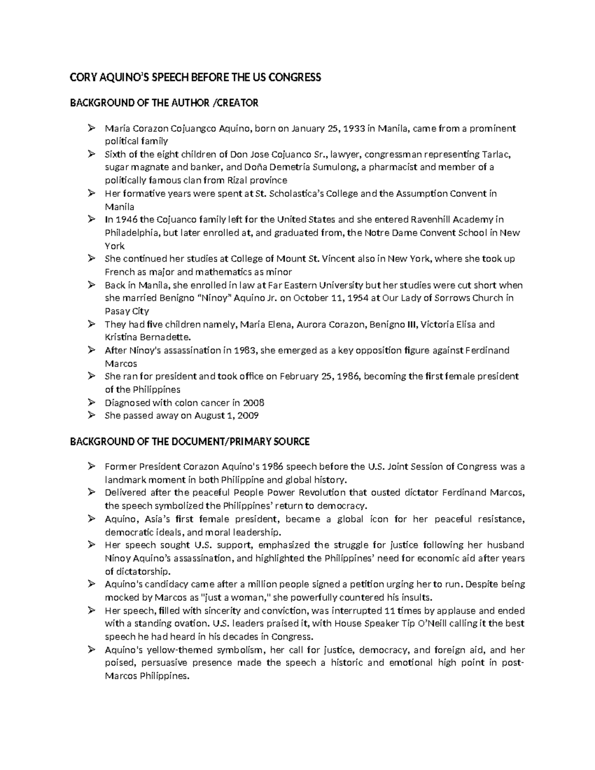 CORY 1986 Speech to US Congress: A Summary of Aquino's Impact - Studocu