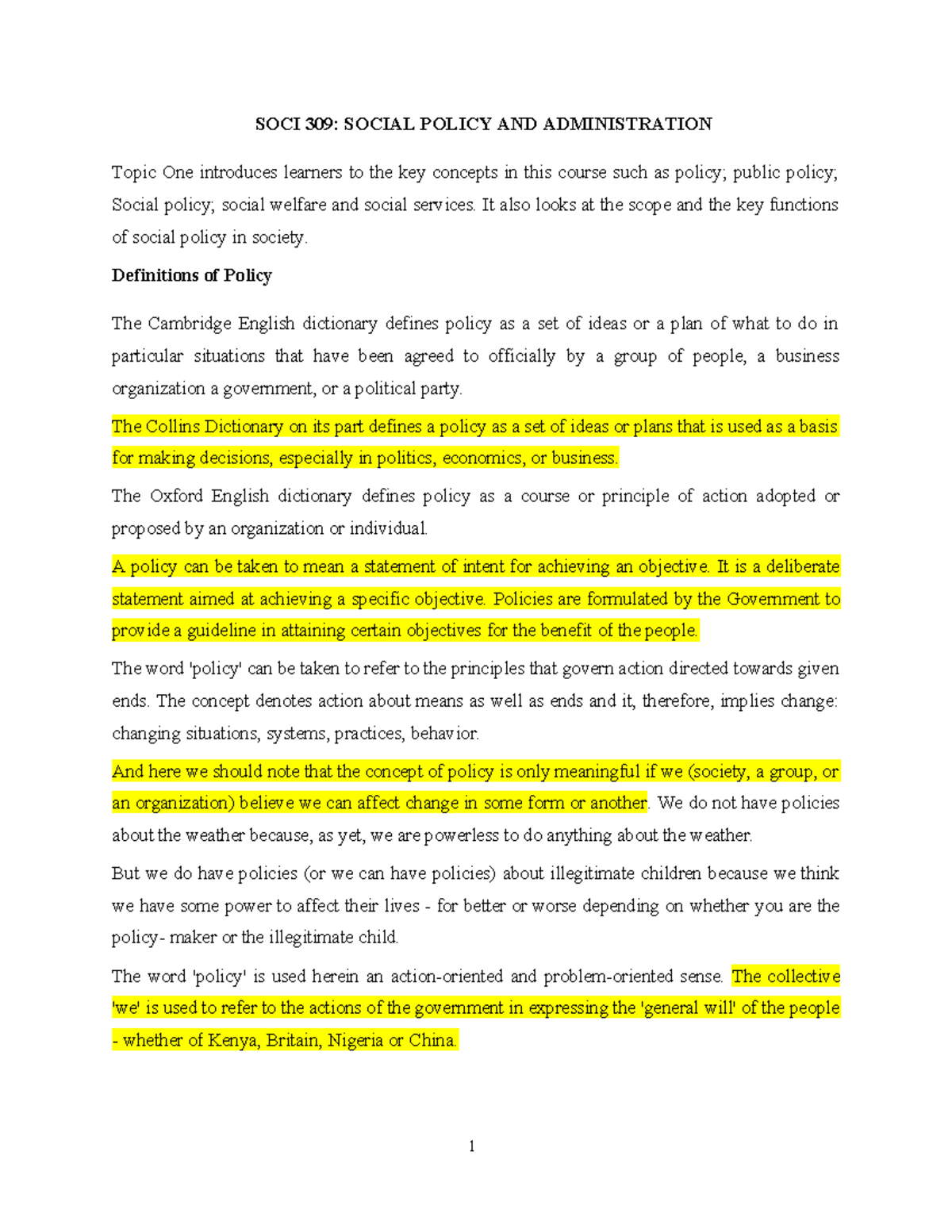 SOCI 309: Overview of Social Policy and Administration Principles ...