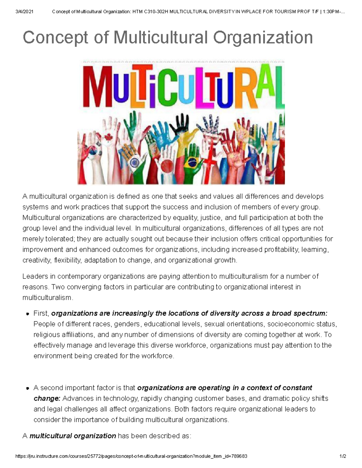 Understanding Multicultural Organizations: HTM C310-302H Diversity in ...
