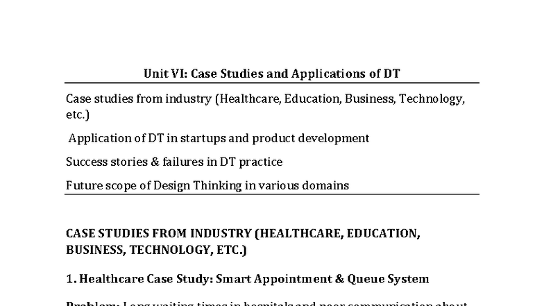 Unit VI: Case Studies & Applications of Design Thinking (DT) - Studocu