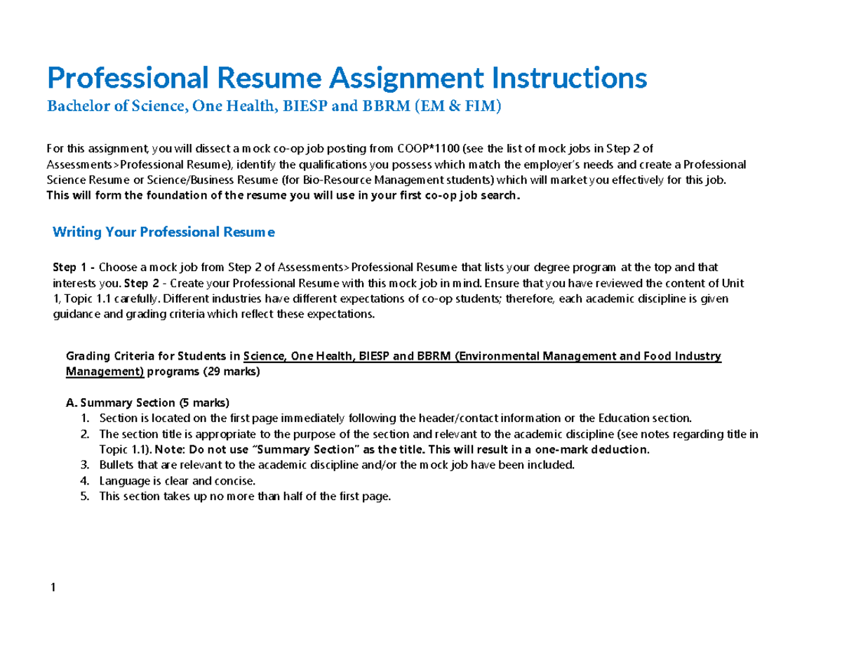05 Professional Resume Assignment Instructions - B.Sc. One Health ...