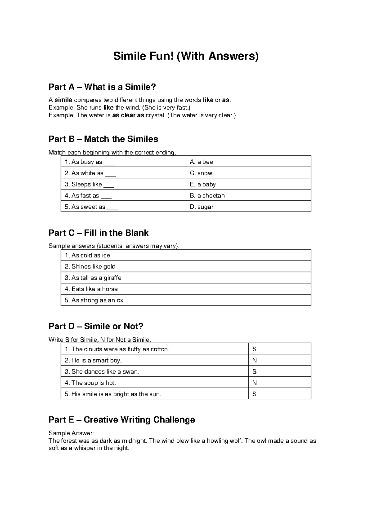 Simile Worksheet (ENG101) with Answers and Examples - Studocu