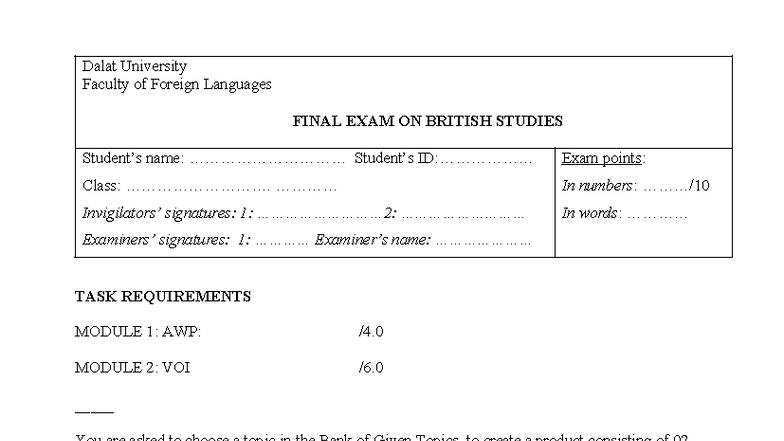 Dalat University FFL Final Exam: British Studies AWP & VOI Template ...