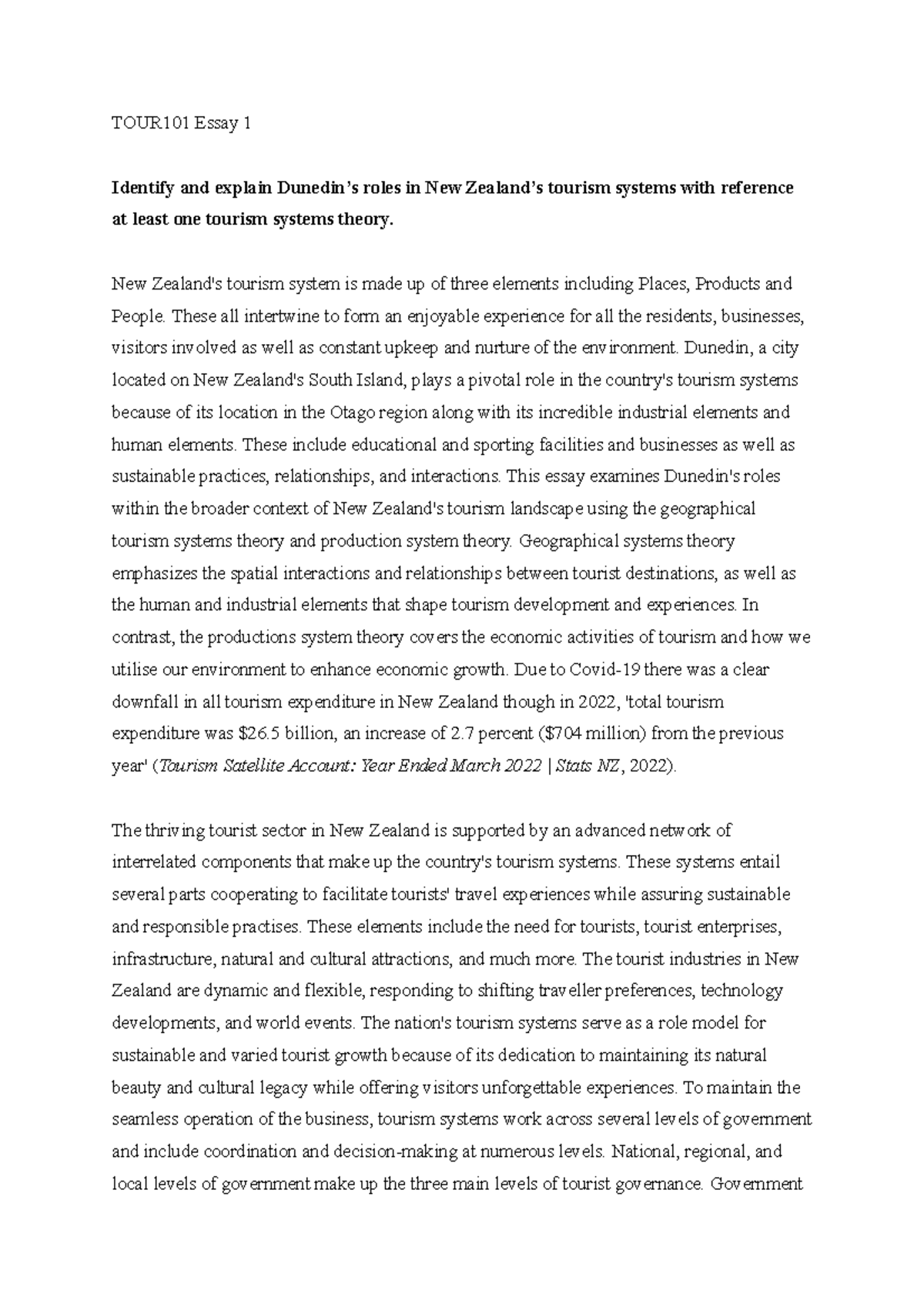 TOUR101 Essay 1: Dunedin’s Key Role in New Zealand’s Tourism Systems ...