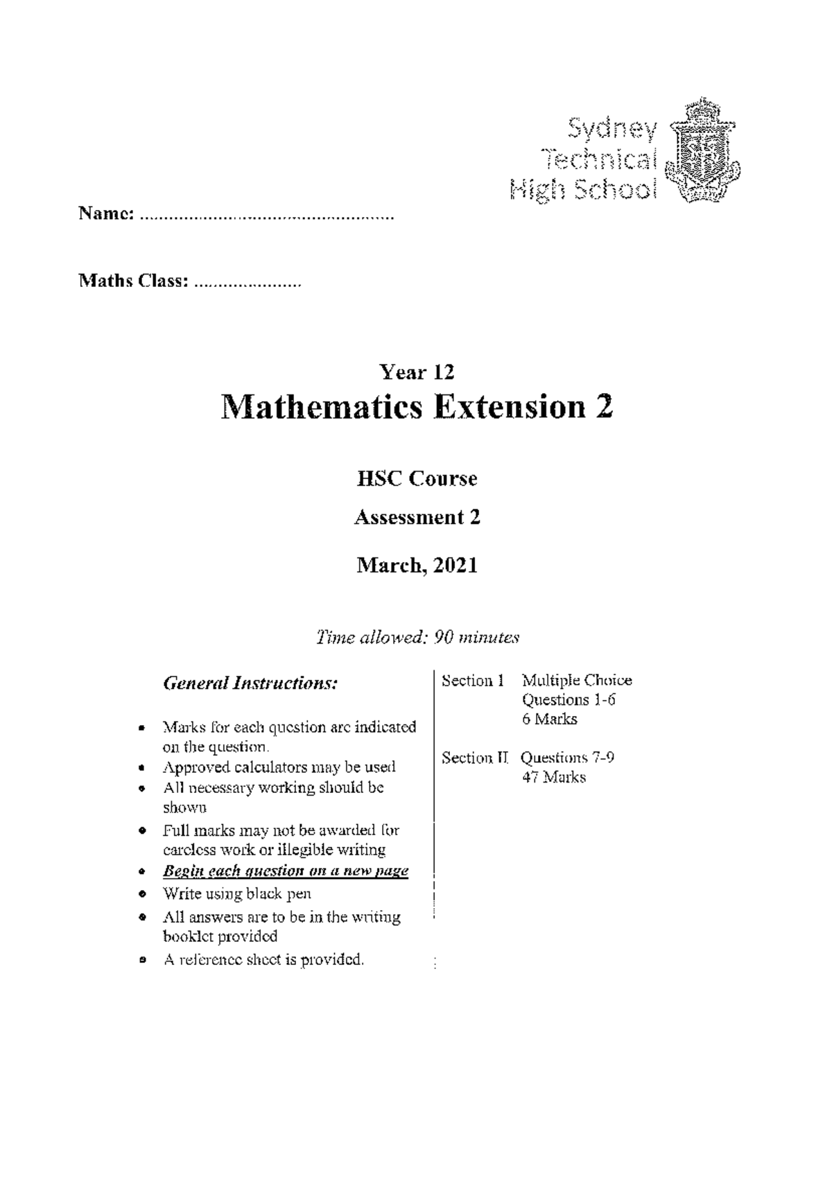 YR12 EX2 2021 ASS2 - Maths extension 2 past paper - task 2 - Studocu