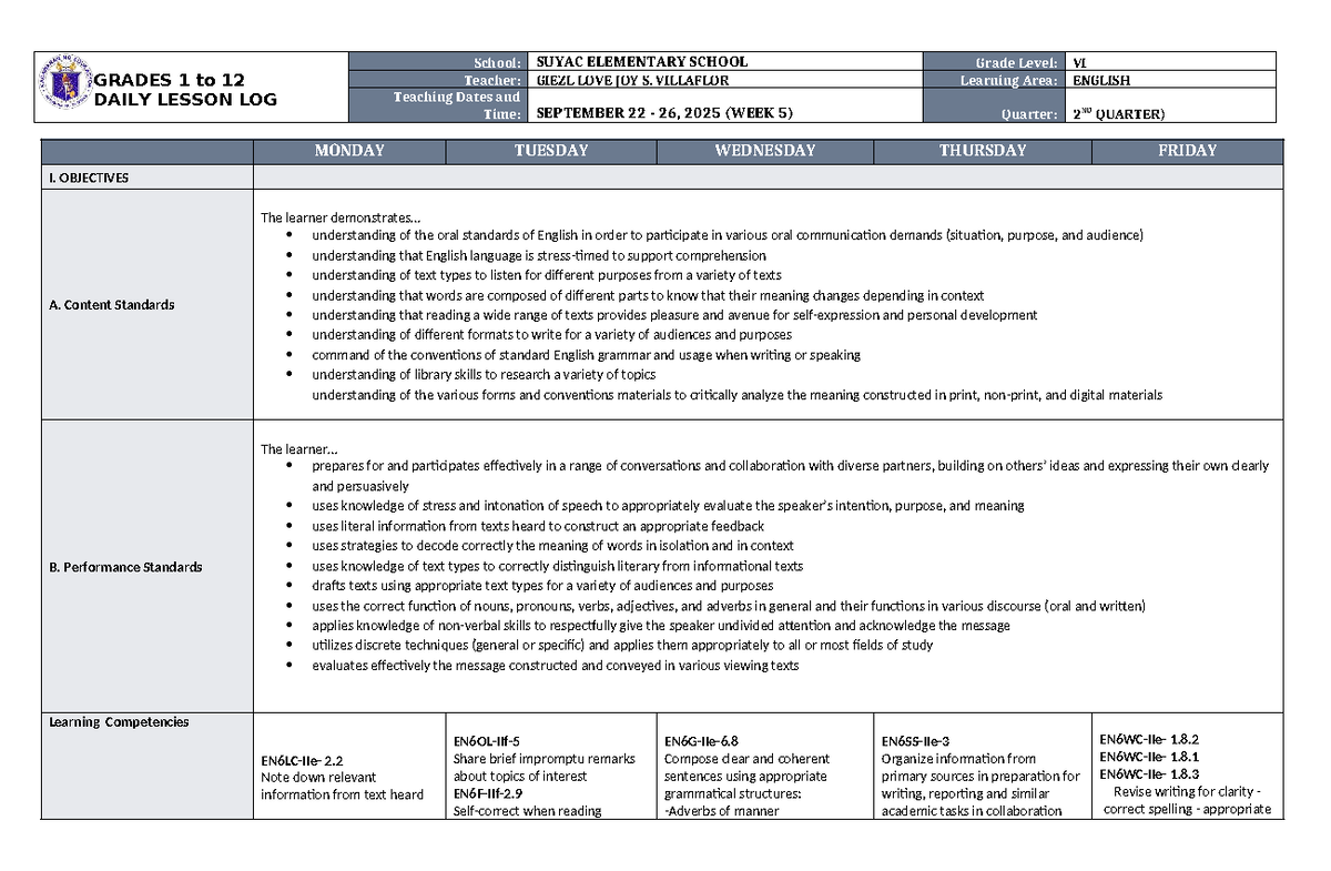 DLL English 6 Q2 W5: Daily Lesson Log for September 22-26, 2025 - Studocu