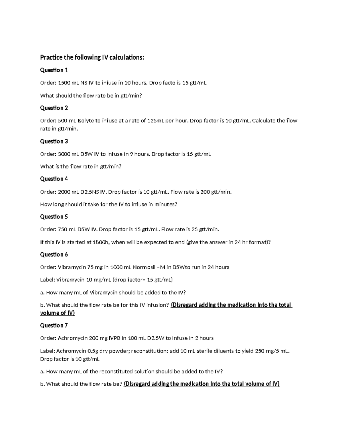 IV Calculations Practice Questions: Flow Rate & Infusion Times - Studocu