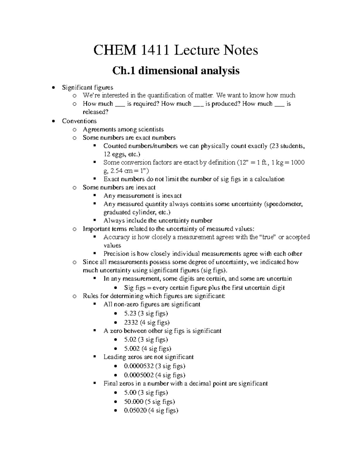 CHEM 1411 CH.1 notes - CHEM 1411 Lecture Notes Ch dimensional analysis ...