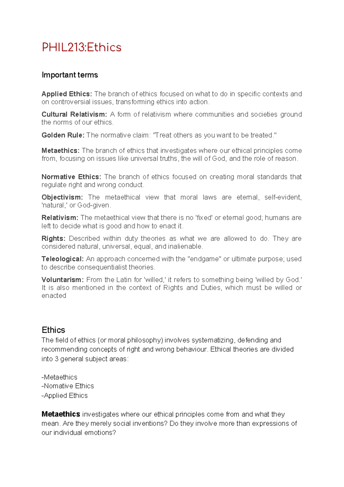 PHIL213: Ethics Key Terms and Concepts Overview - Studocu