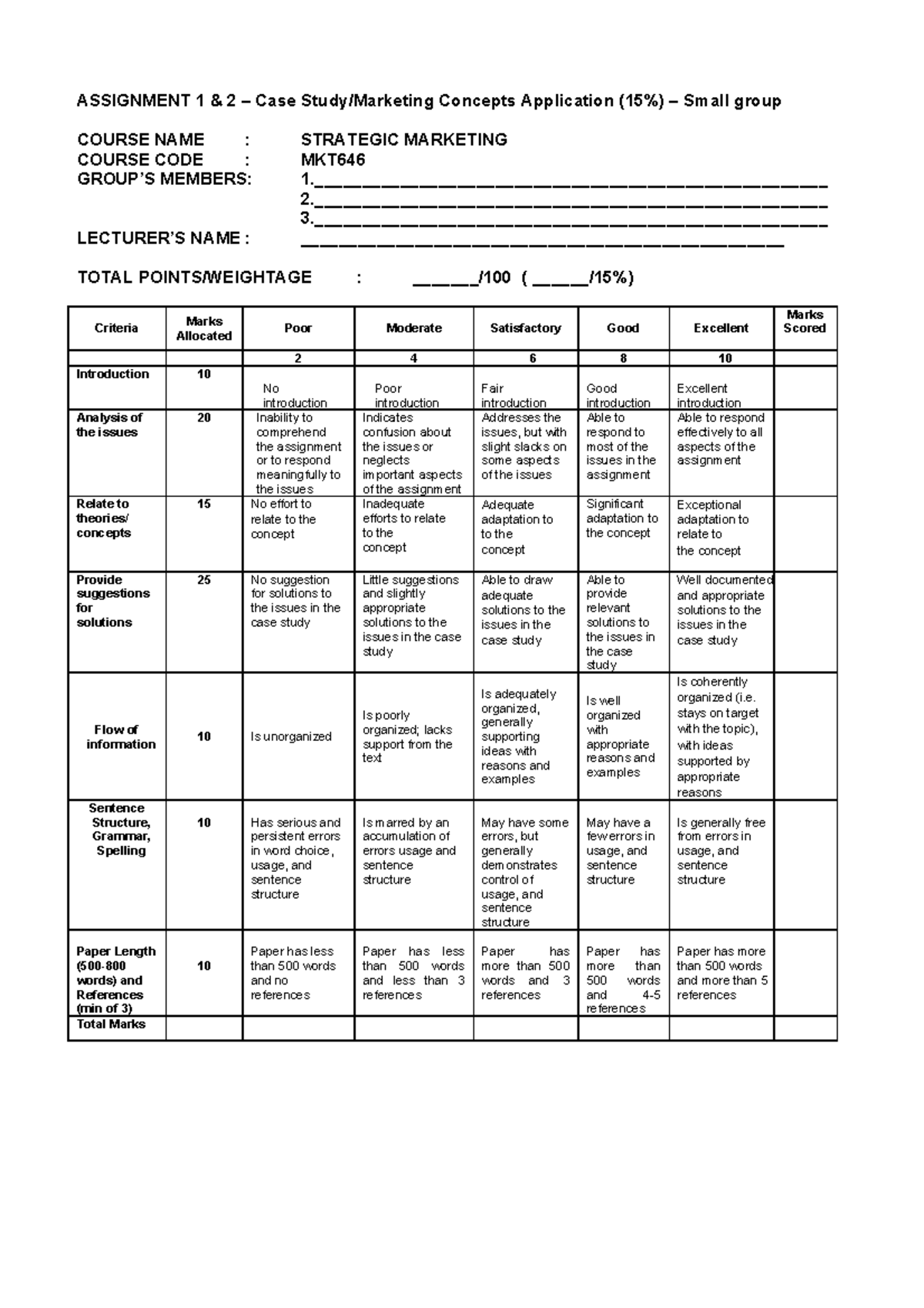 MKT646 Rubric CASE Study - ASSIGNMENT 1 & 2 – Case Study/Marketing ...