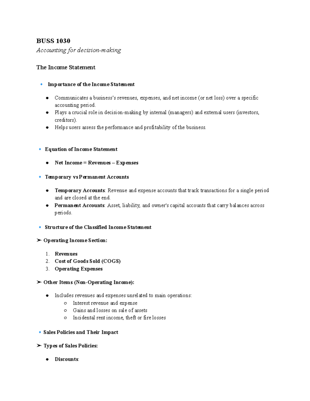 BUSS 1030 Final Exam Notes: Understanding the Income Statement - Studocu