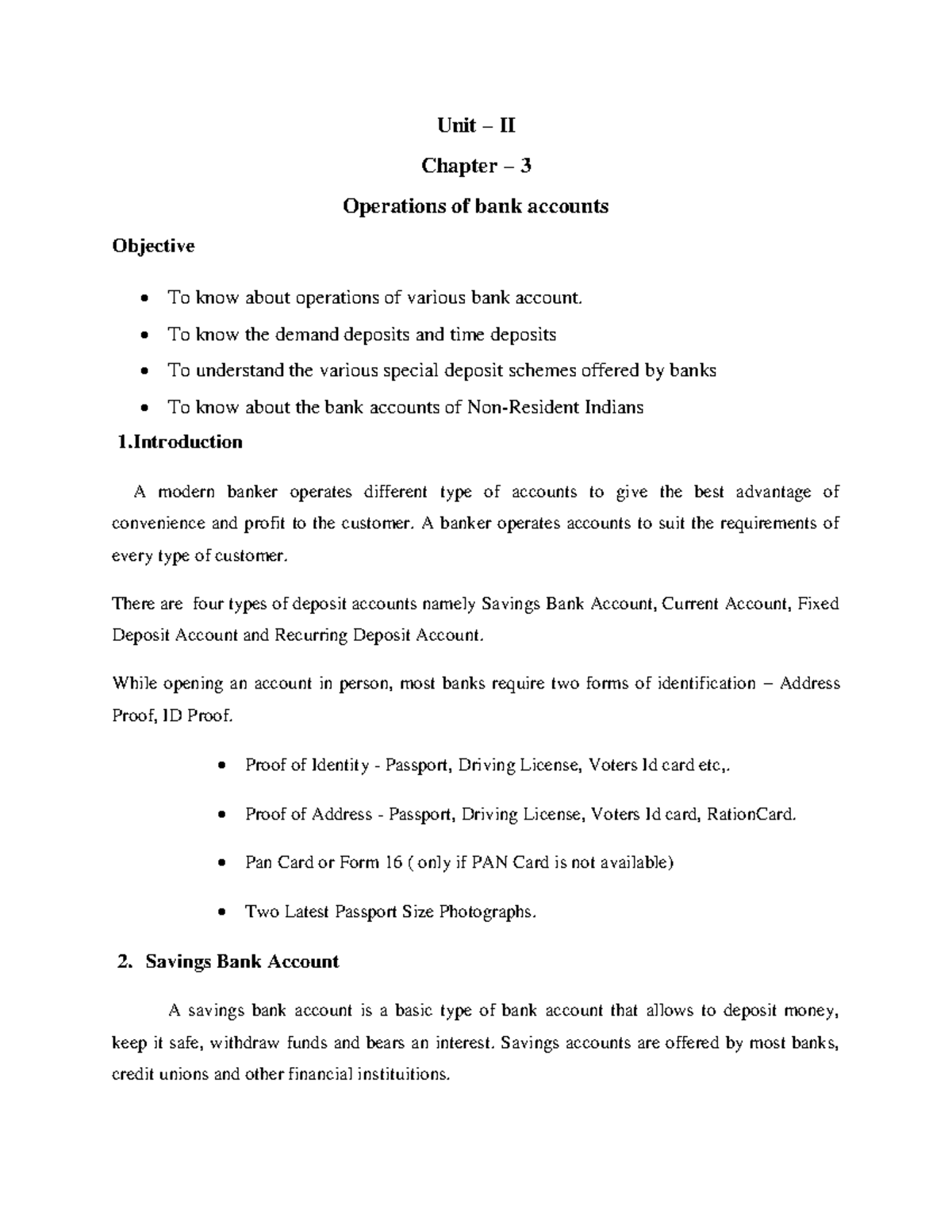 Unit II Chapter 3: Operations of bank accounts in banking - Studocu
