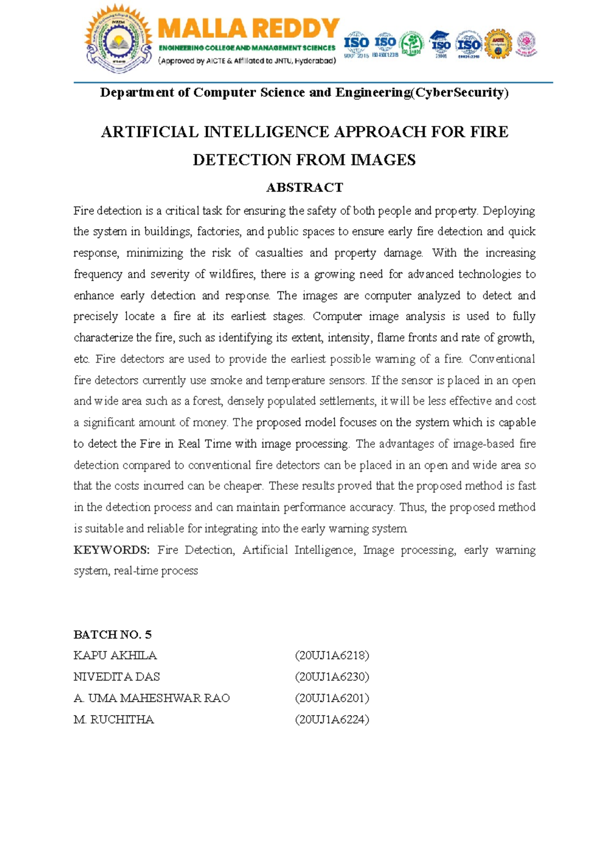 CSE 101: AI-Based Fire Detection Using Image Processing - Abstract ...