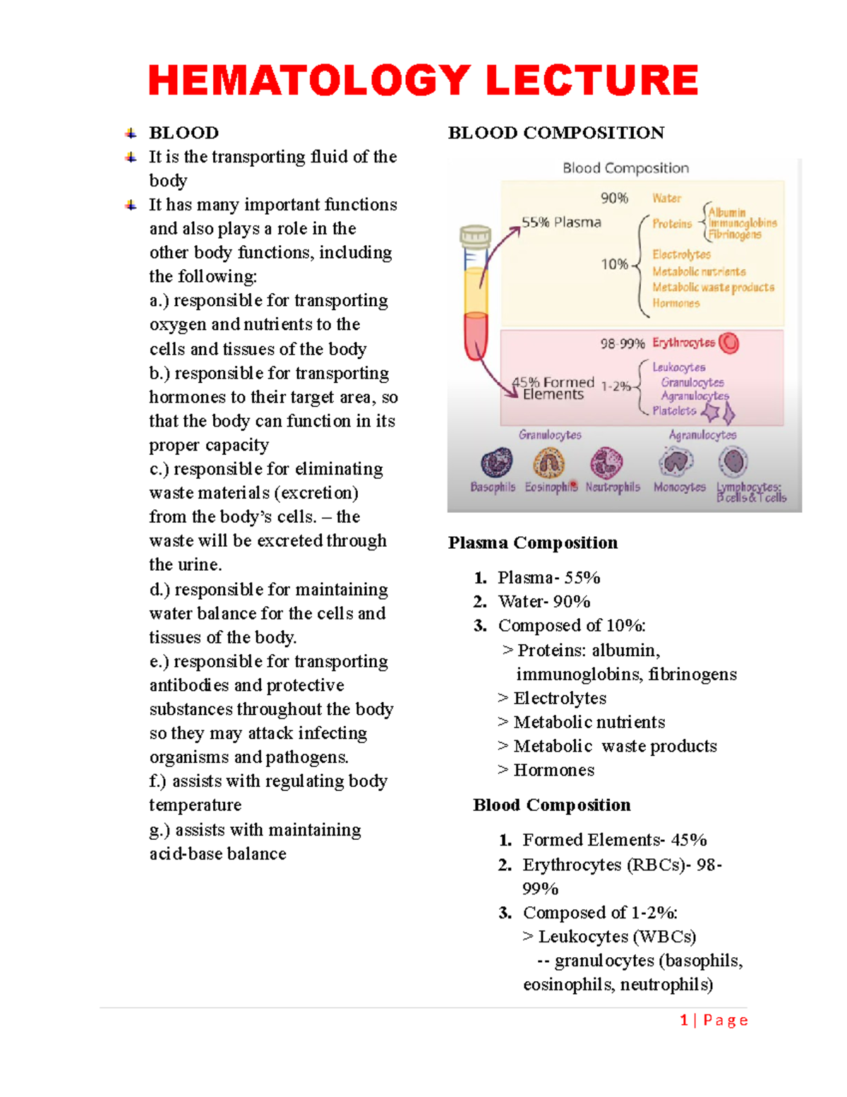 HEMA LEC - Overview of Blood Functions and Composition - Studocu