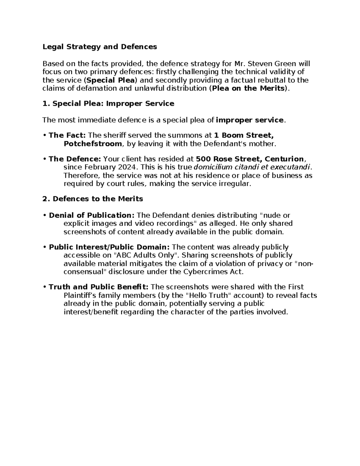 Legal Strategy and Defences for Case No: [Insert Case Number] - Studocu
