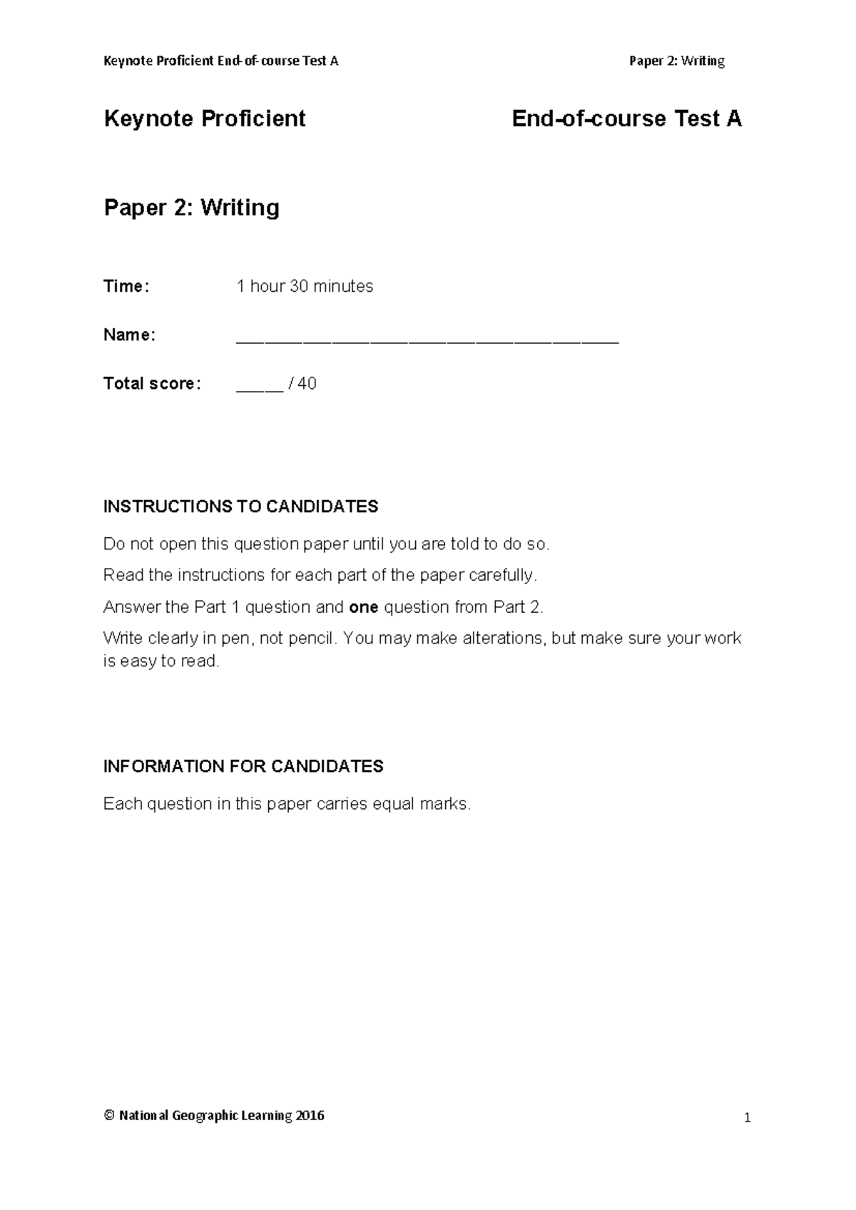 Keynote Proficient End-of-Course Test A: Writing Paper 2 Guide - Studocu