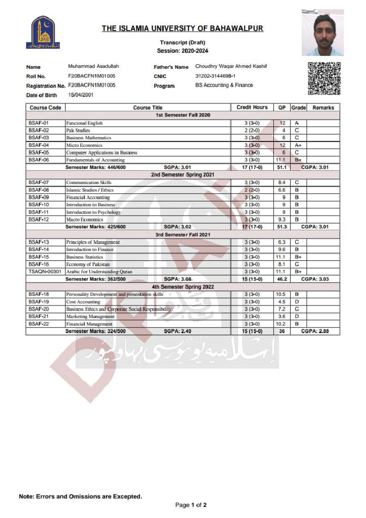 BS Accounting & Finance Transcript (Draft) - Fall 2020 to Spring 2022 ...