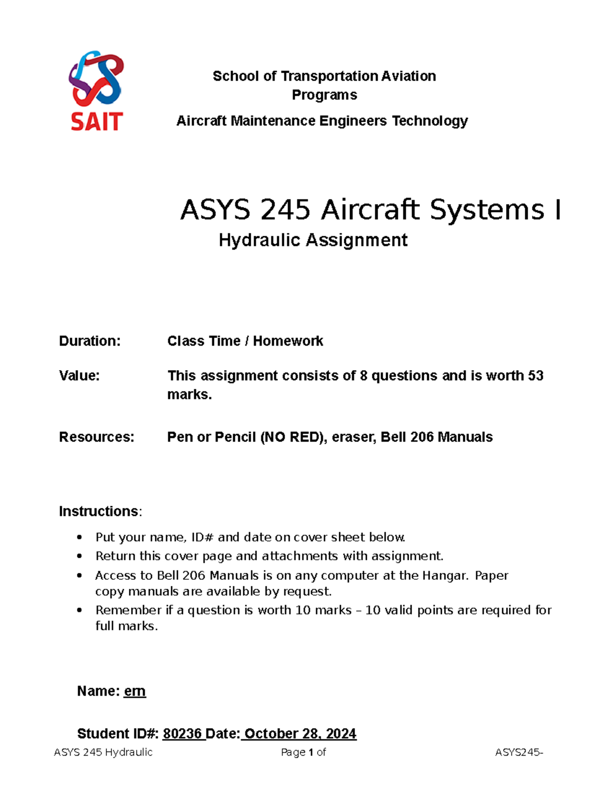 math Assignment hkr 2 - ASYS 245 Hydraulic Page 1 of ASYS245- School of ...